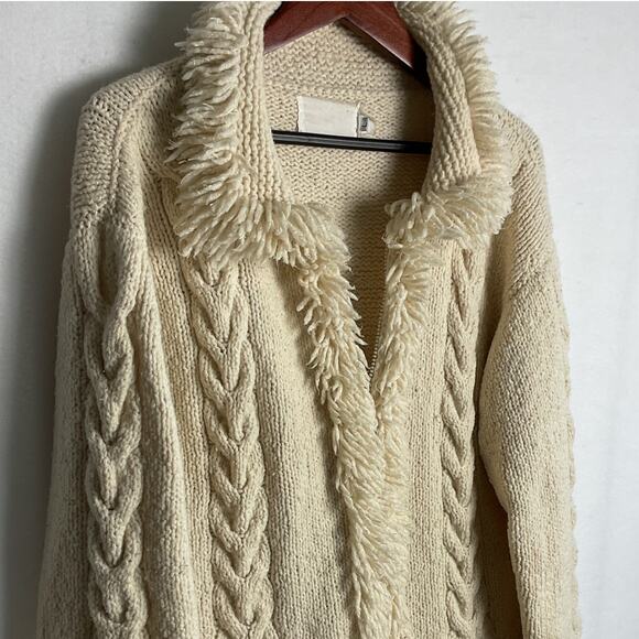 Vintage Amano Beige Wool Cable Knit Womens Size Large Zipped Cardigan Sweater - Picture 3 of 11